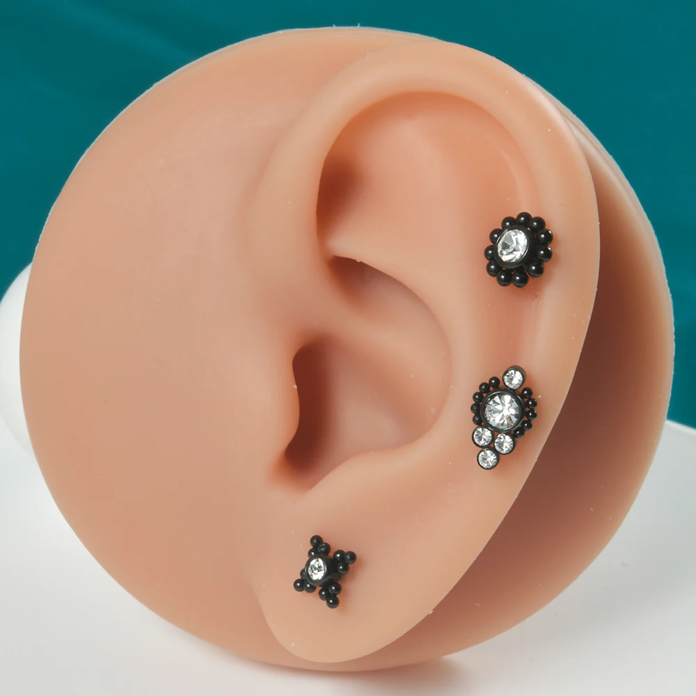 1PC Surgical Steel Black Plated Labret Crystal Cluster Helix Tragus Cartilage Flat Base Ear Studs Piercing Jewelry 16G