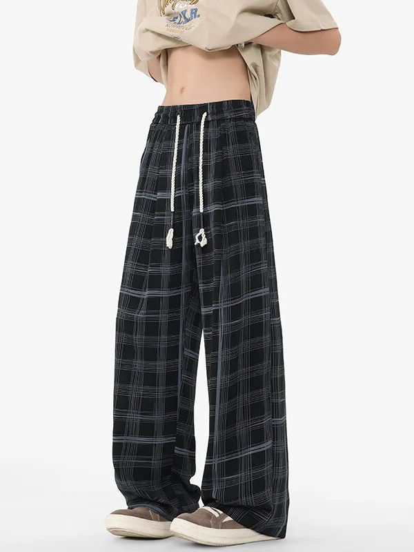 

American Retro Ice Silk Cool Color Blo Plaid Men's Casual Straight Leg Pants Hip Hop Loose Fit Summer Thin Basic Color