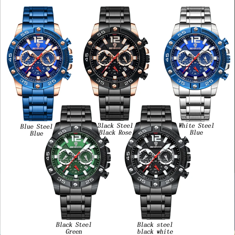 BINBOND Business Men Quartz Watches Sport Waterproof WristWatches Stainless steel Strap Chronograph Date Clock Relogio Masculino