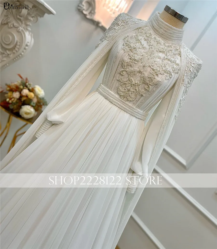 

Elegant Dubai Luxury Muslim Wedding Gowns Lace Beads Chiffon High Neck Robe De Mariée A-Line Long Sleeve Bridal Dresses