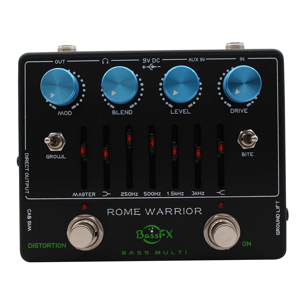 Fanmuzk ROME WARRIOR Bass Preamp Pedal 6-Band Graphic EQ Distortion DI Box with Headphone Out Aux-In for Live Gig