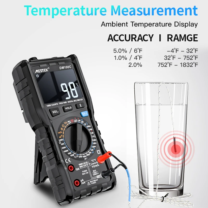 Mestek New 1000V 10A Tester Meter Ohm Hz Capacitance REL True RMS AC DC DMM Multitester 9999 Counts Digital  Temp Auto Range