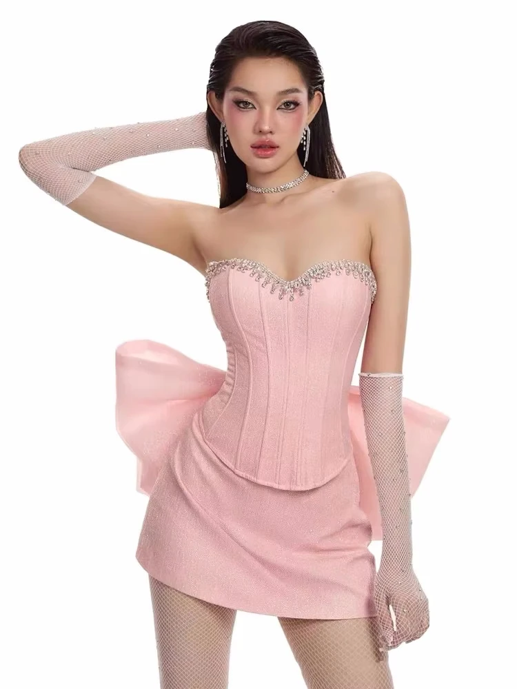 Women Diamond Edge Two Piece Set Sexy Pink Strapless Rhinestone Top With Bow + Slim Mini Skirt Suits Party Cocktail Clubwear Set