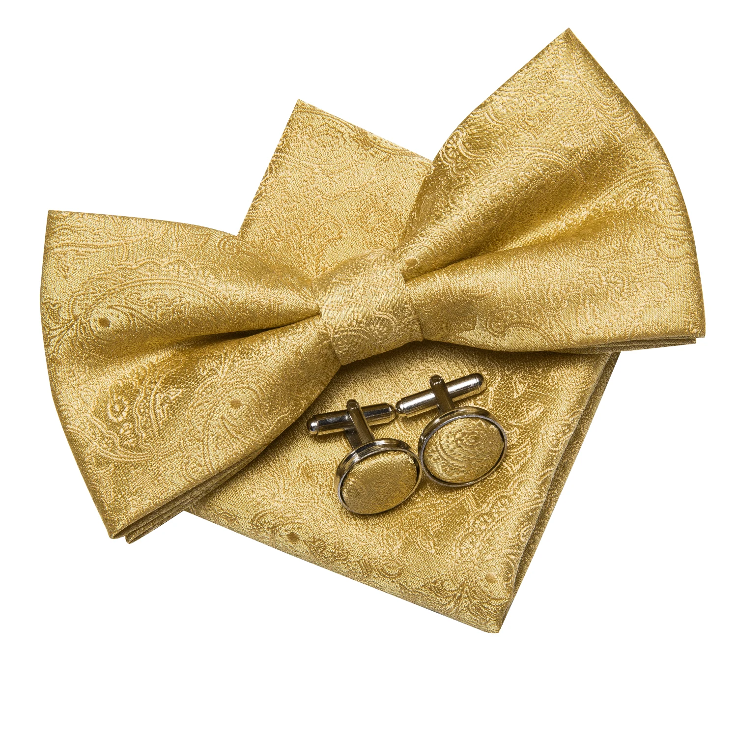 Hi-Tie Dasi Kupu-kupu Sutra Emas Mewah untuk Pria Mode Pria Kuning Dasi Kupu-kupu Sapu Tangan Manset Bros Set Kupu-kupu Pernikahan Set