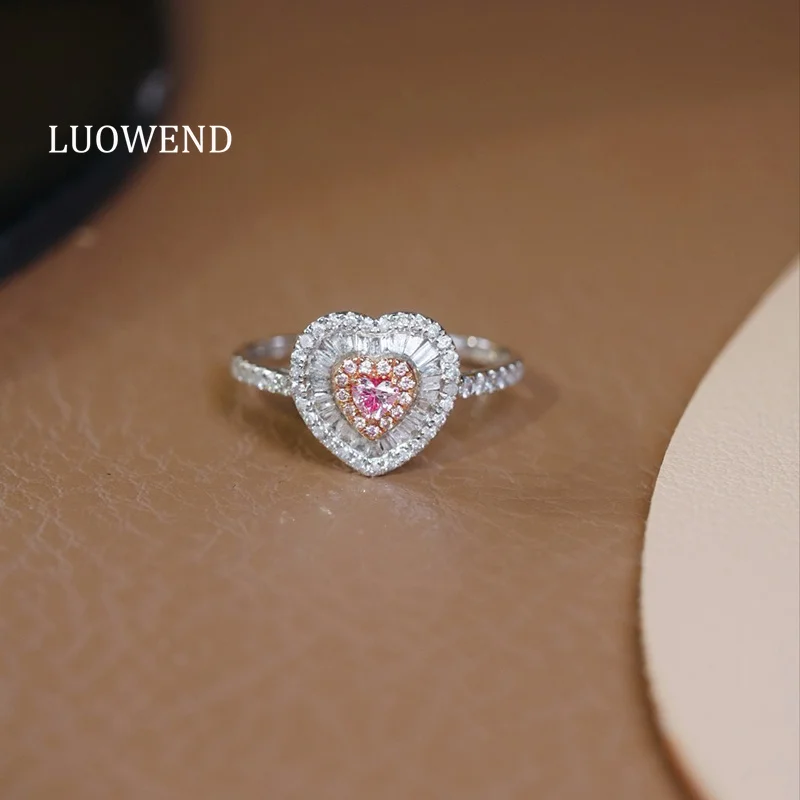LUOWEND 100% 18K White Gold Rings Romantic Heart Shape Real Natural Pink Diamond Engagement Ring for Women High Wedding Jewelry