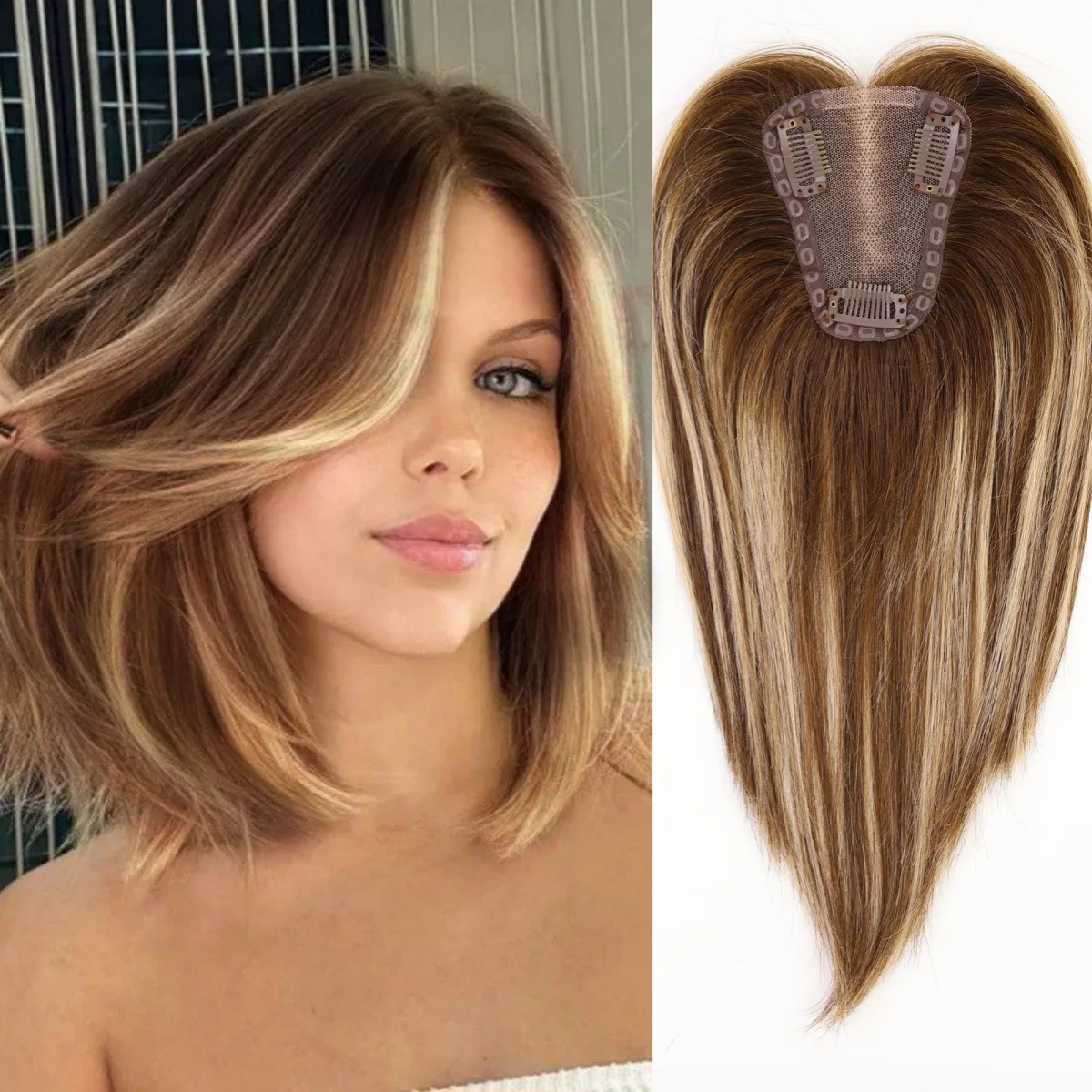 brown-to-blonde-highlight-12-inch-straight-center-part-lace-base-human-hair-topper-100-remy-hairpieces-for-women