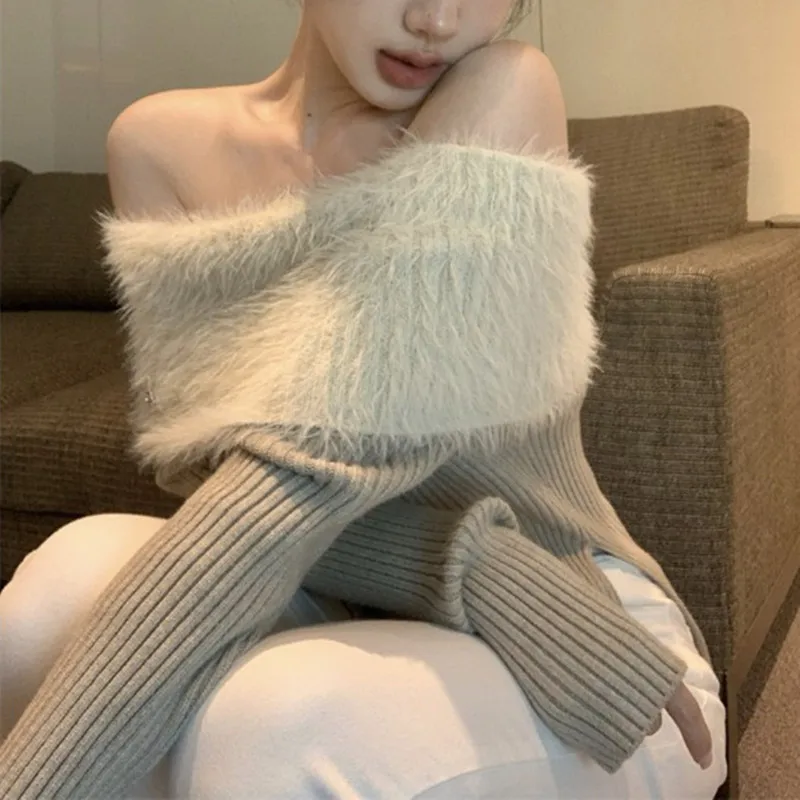 

Winter Off Shoulder Sweater Women's Faux Mink Fur Knitwear Elegant Red Tops Christmas Party Coquette Style Innerwear Set