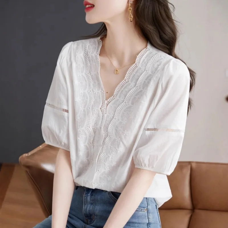 Women V Neck Lace Embroidery Blouse Puff Short Sleeve White Loose Elegant Summer Shirt Tops