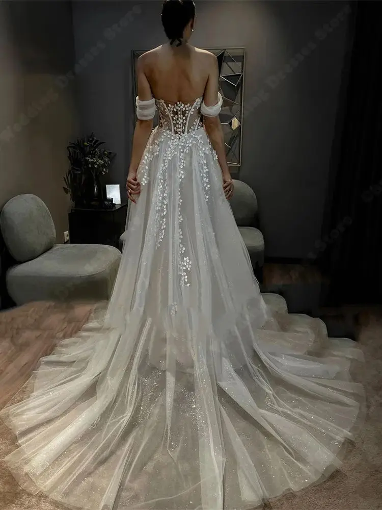 Vintage z odkrytymi ramionami tiulowe suknie ślubne damskie seksowne suknie ślubne bez pleców eleganckie kwiatowy nadruk Vestidos de Novias 2024