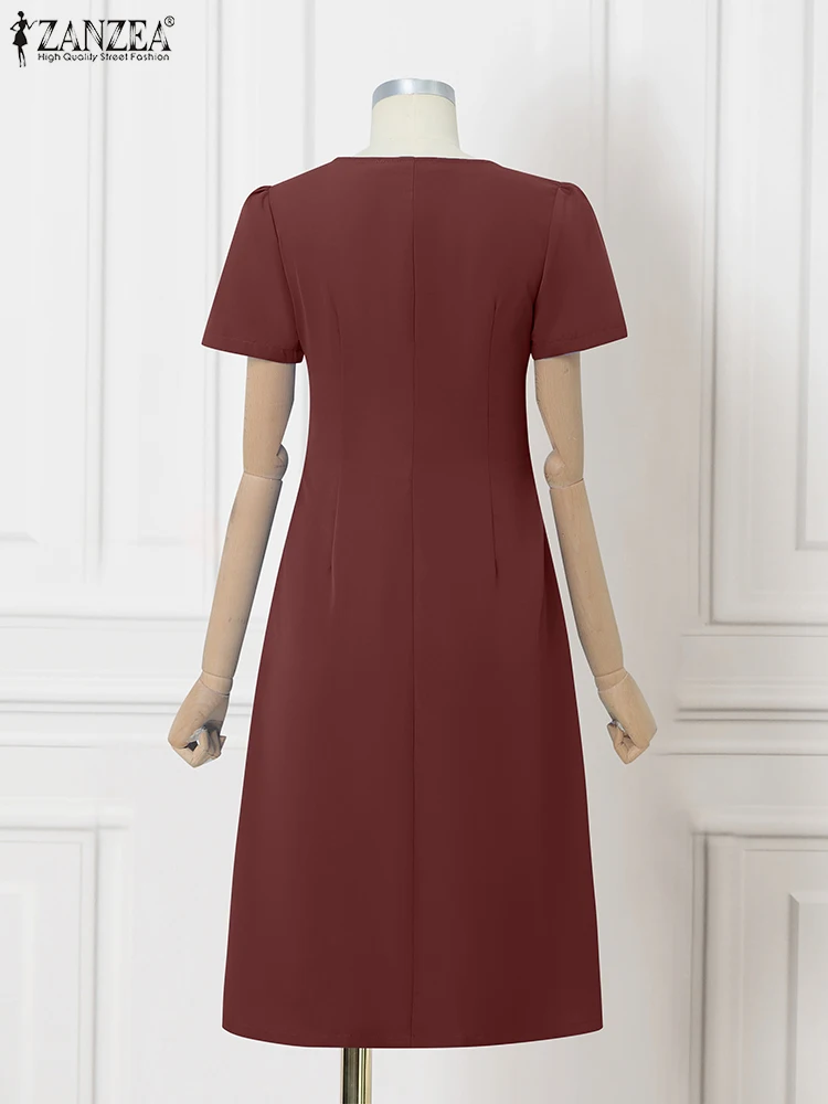 ZANZEA Sommer Elegante Frauen Party OL Kleider 2025, Kurzarm Casual Solide Plissee Mode Robe Midi Büro Dame Arbeit Vestidos