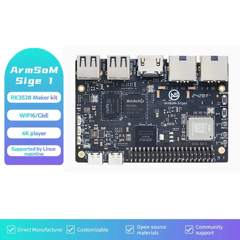 ArmSoM-Sige1 RK3528 كمبيوتر لوحي واحد، 2 جيجابايت LPDDR4X، 8 جيجابايت eMMC، لوحة تطوير RK3528، WiFi6، بلوتوث، GbE