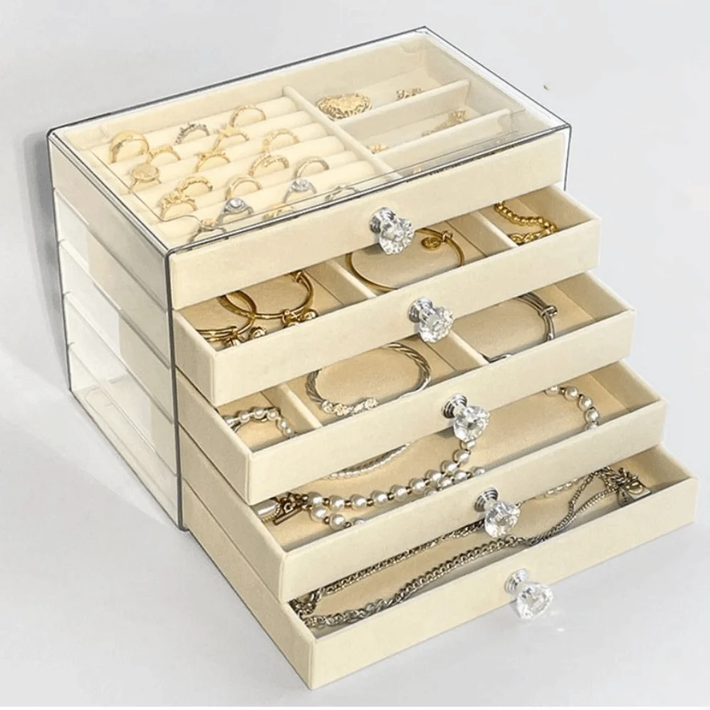 Large Capacity Velvet Jewelry Box Earrings Necklaces Transparent Drawer Storage Holder Rings Bracelets Acrylic