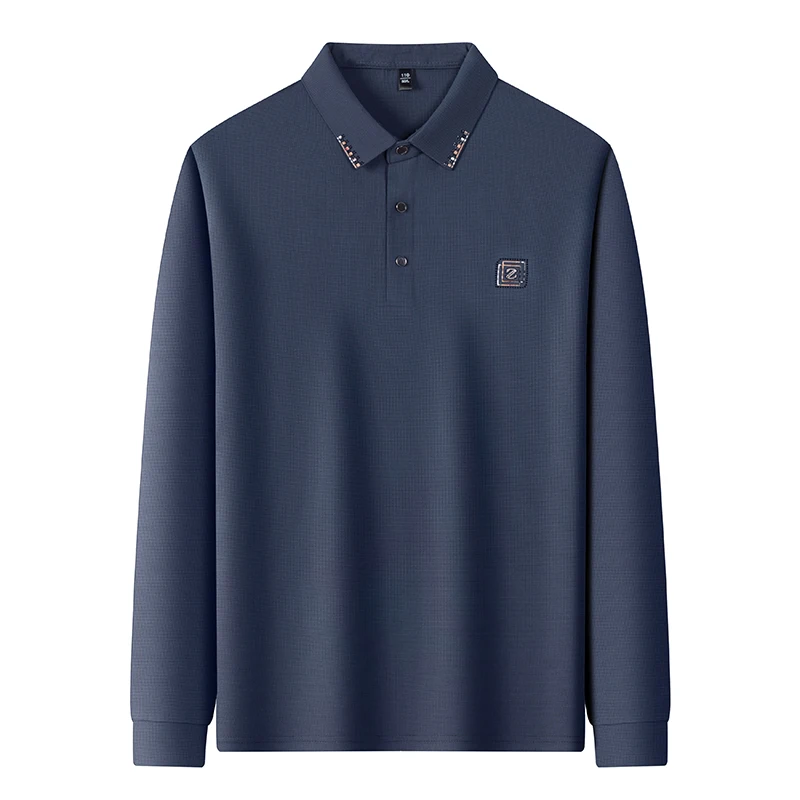 

High End Quality Men's Polo Shirt Lapel Chest Badge Print Long Sleeve T-Shirt Autumn New Solid Color Simple Business Menswear