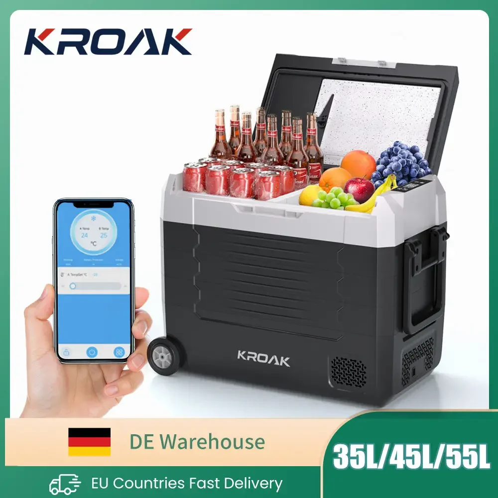 KROAK Tragbarer Kühlschrank 35L 45L 55L Dual Zone mit Rädern und Bluetooth 12V/24V 240V Autokompressorkühler für Campingreisen