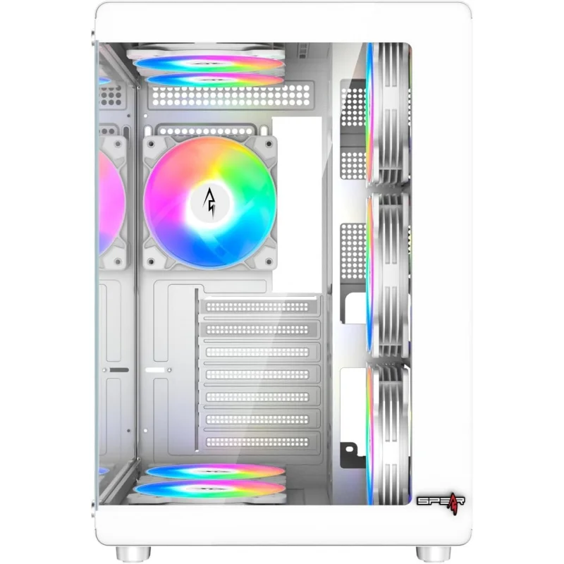 حافظة ألعاب متوسطة البرج - زجاج مقسى، تتضمن مراوح ARGB مقاس 6 × 120 مم ومحور مروحة ARGB ذو 10 منافذ مع جهاز تحكم عن بعد، ودعم ATX/M-ATX/ITX،