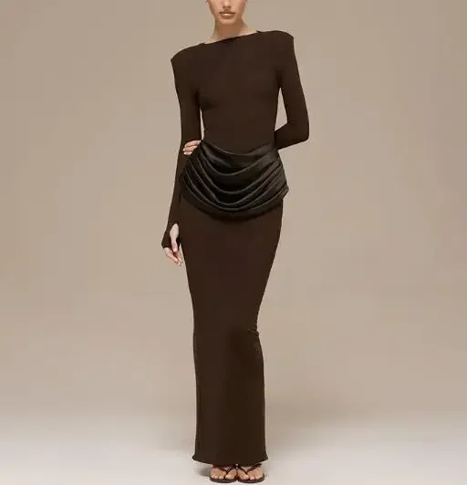 

Autumn/Winter New Women's Solid Temperament Long Sleeve Pleated Slim Waist Wrap Long Dress 2026 Female Fashion Elegant Dresses