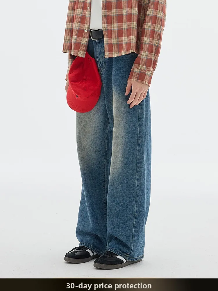 

Мужские джинсы в стиле ретро, американские, синие, из денима, осенние, уличные, универсальные, прямого кроя, рабочие, широкие, длинные брюки из хлопка и полиэстера