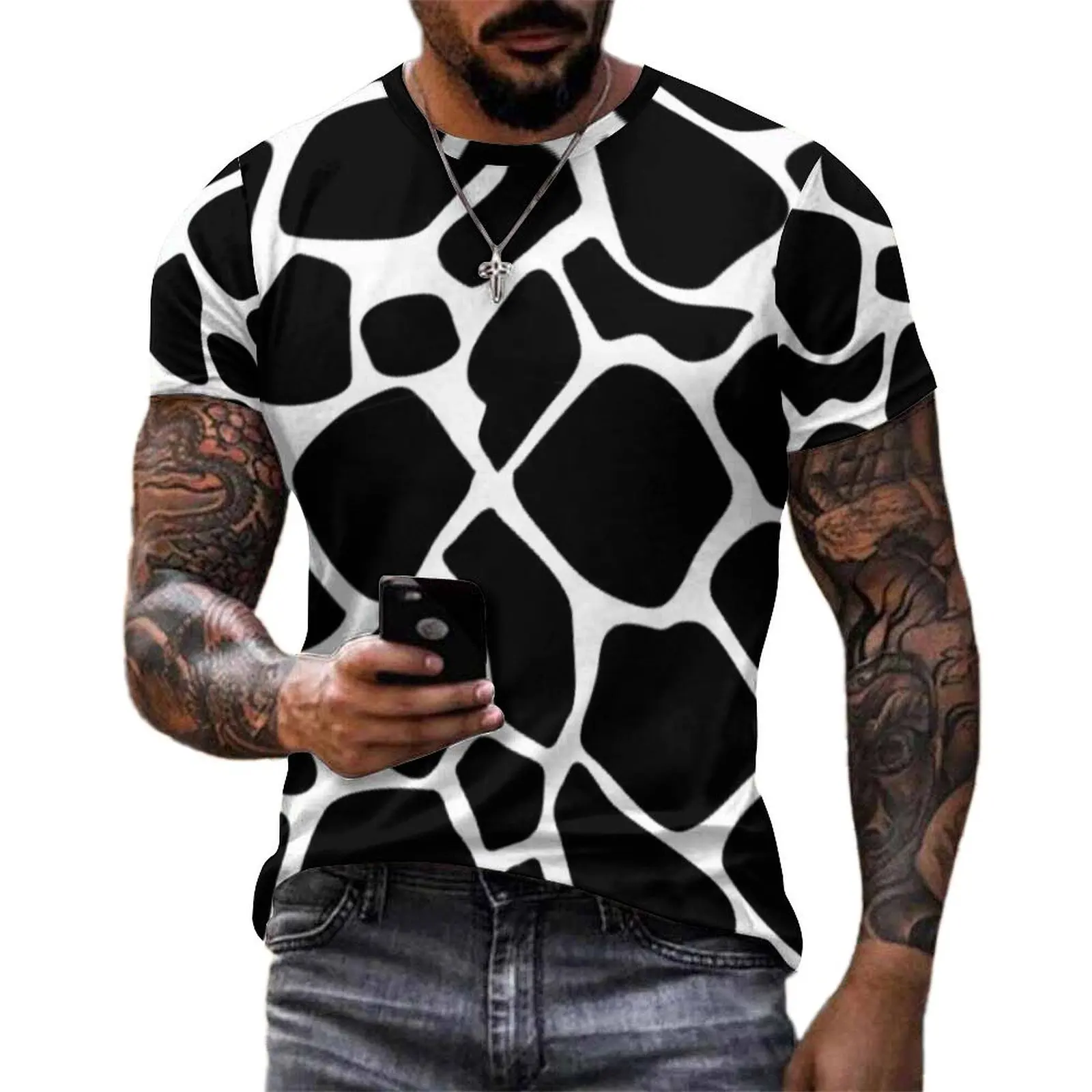 Man Black And White Cow Print T-Shirt Trendy Pattern Spots Retro T-Shirts Short-Sleeve Tshirt Summer Classic Oversized Tees