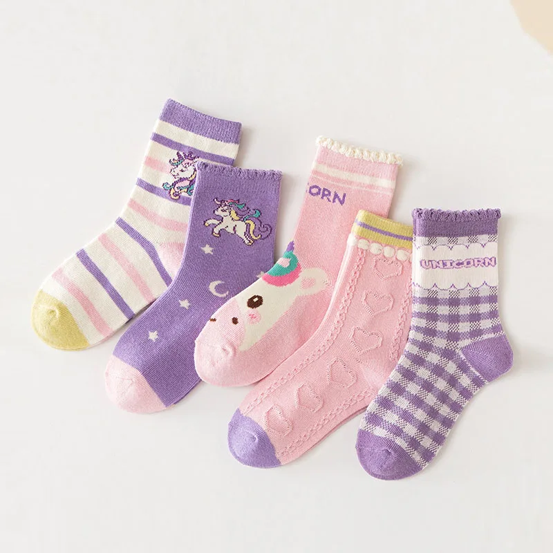 

Kids 5 Pairs Purple Unicorn Sock Girls Autumn Cute Cartoon Medium Socks Children's Socks Cotton Socks