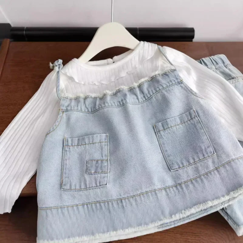 

25Новый джинсовый комплект из трех предметов с деревянными ушками, модная осенняя одежда, простой милый джинсовый костюм для корейских девочек