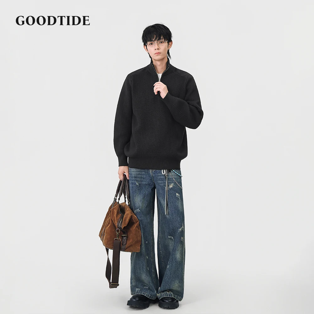 Fashion Men's Casual Half - Zip Mock Neck Sweater 2025 Winter New Waffle Knit Pullover Comfortable Soft Long Sleeve Jumper Top