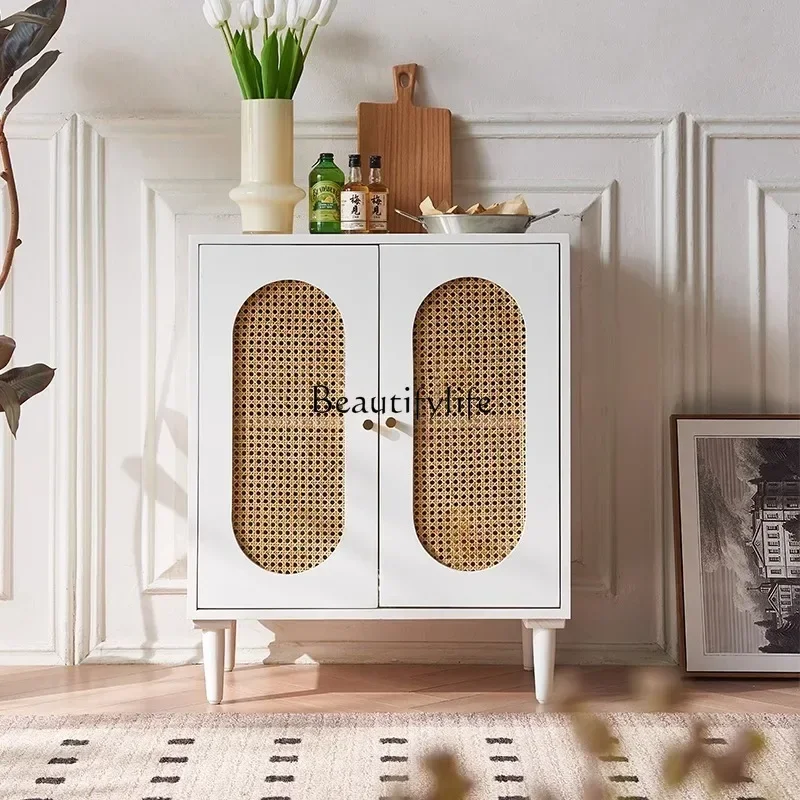 

01Small Apartment Rattan Storage Cabinet Nordic Simple Storage Solid Wood Sideboard