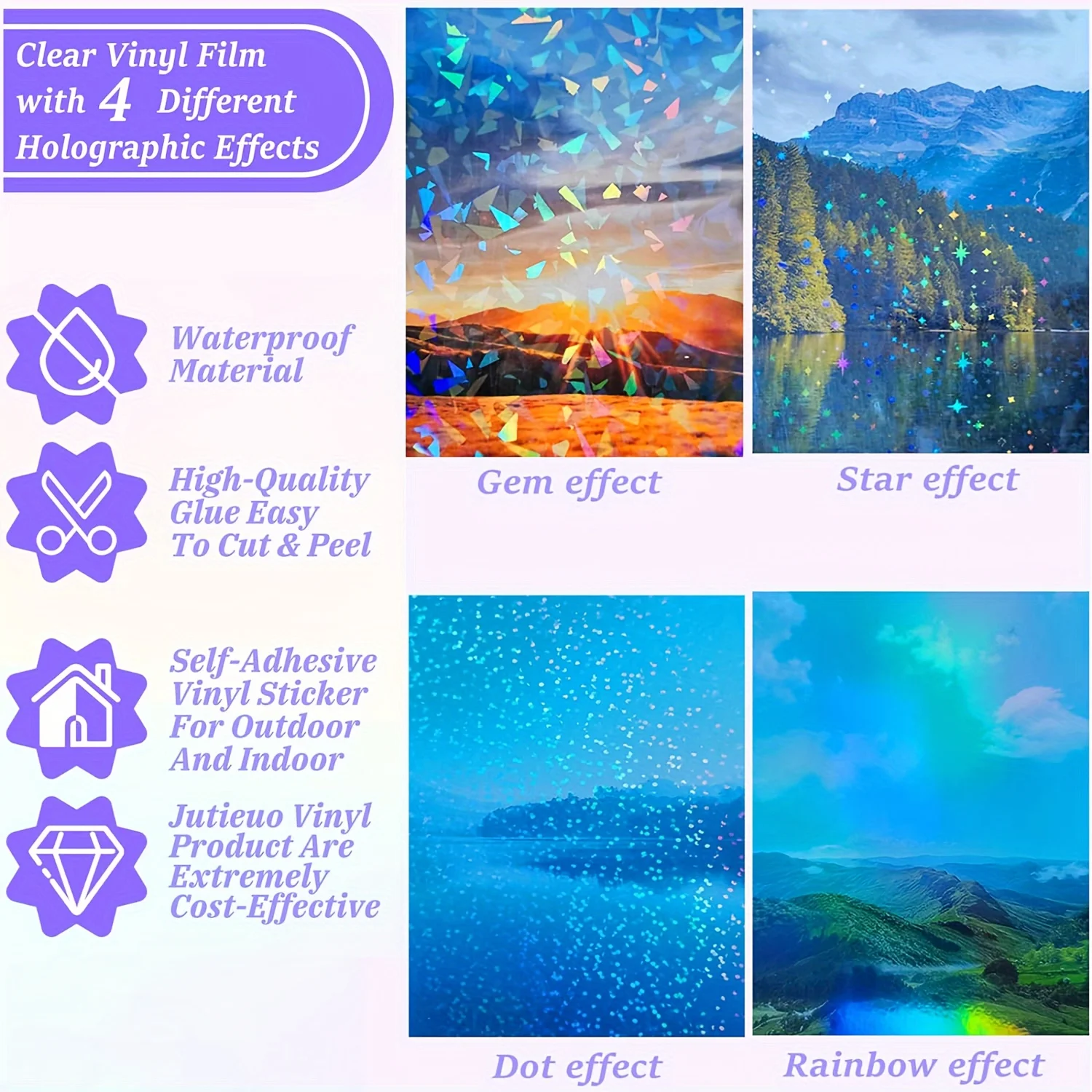 24 Sheets Holographic Sticker Paper Clear Vinyl Self-Adhesive Waterproof Rainbow Holographic Clear Cover Sheet