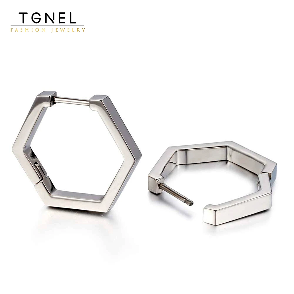 

TGNEL ALL Pure Titanium Hoop Earrings For Women Nickle Free Hexagonal Geometric Hoop Earrings High Polished 22TIHE045