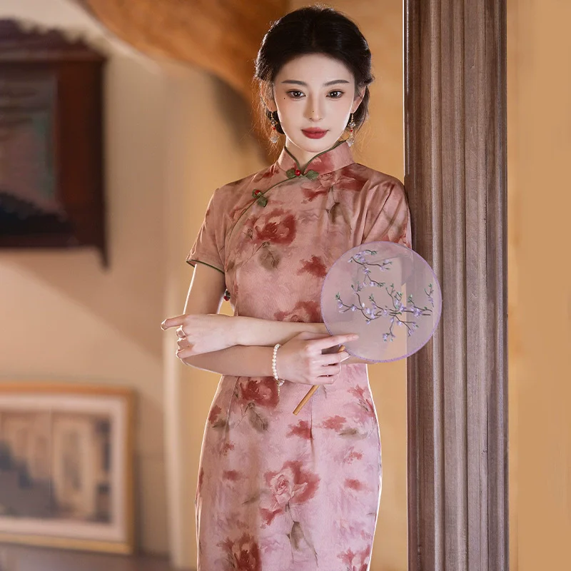 

Весна/Лето 2022, новый сетчатый Cheongsam в китайском стиле, розовое темпераментное утягивающее женское платье Ципао с принтом