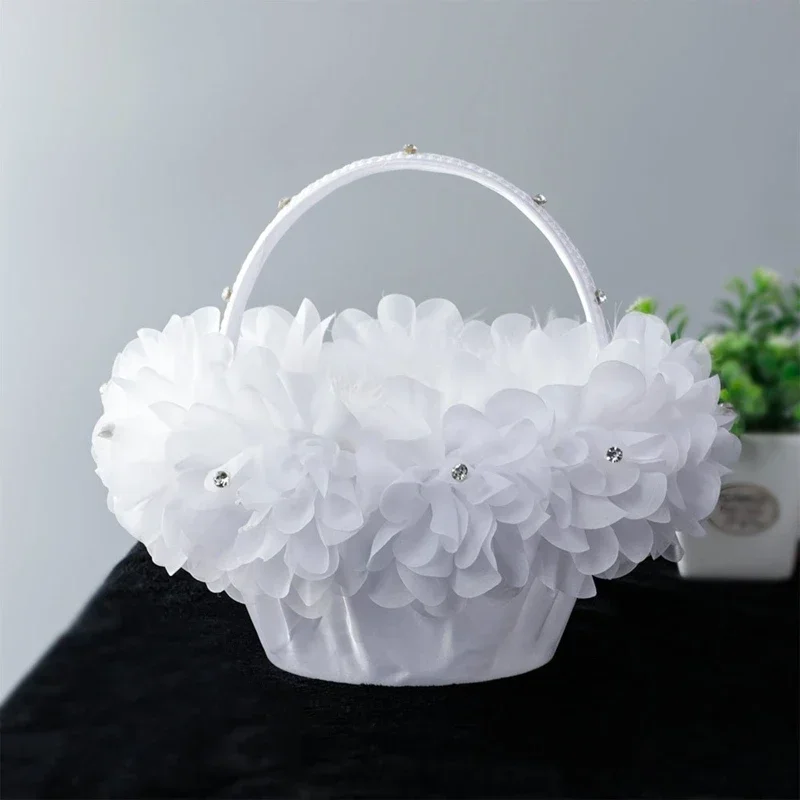 Flower Girl Basket White Small Satin Cloth Baskets with Faux Lace Flowers Decor for Wedding Ceremony Party