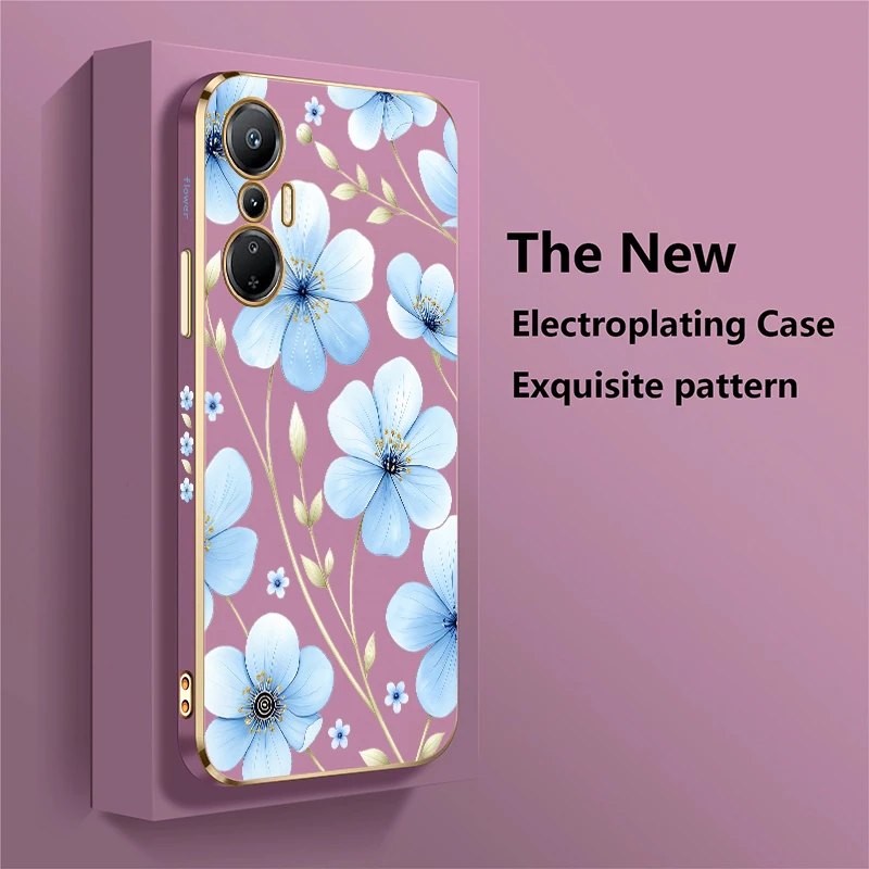 Blue Watercolor Floral Pattern Case For Infinix Hot 12 11s 10 9 8 Pro 12i 10 Play Anti Scratch Plating Silicone Soft Covers Capa - view 3