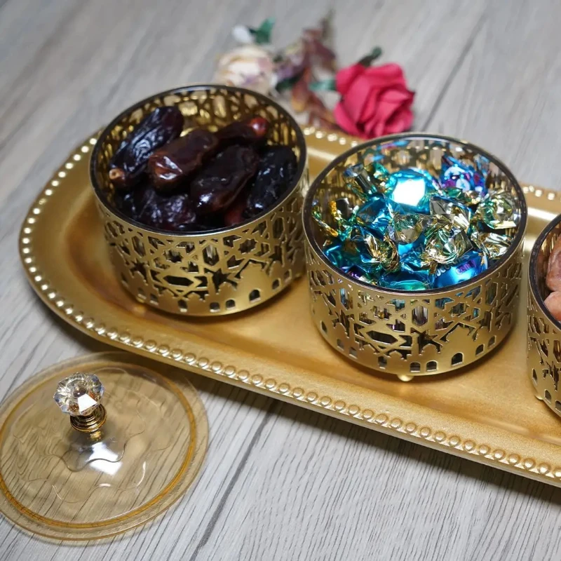 صينية الوجبات الخفيفة صندوق تخزين فواكه مجففة معدنية مع غطاء صينية تزيين رمضان للمنزل هدايا حفلات المهرجانات الإسلامية