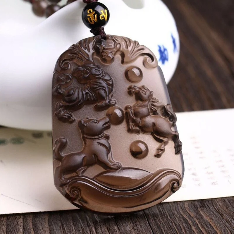 Natural Ice Obsidian Hand Carved Rat Dragon Monkey Pendant Boutique Jewelry Men's and Women's 12 Zodiac Three In One Necklace