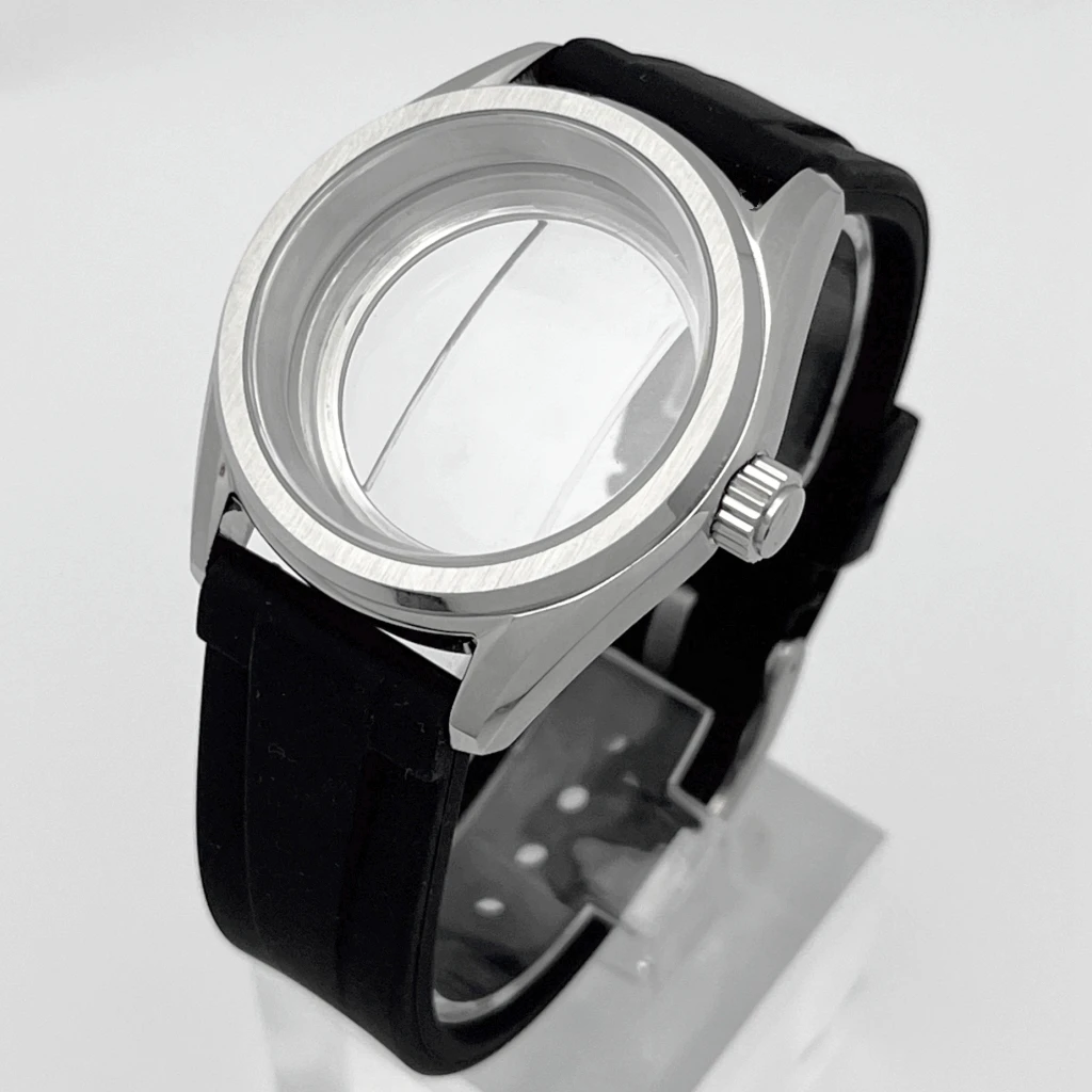 38mm NH35 Case Sapphire Glass Silver Watch Case Rubber Strap Fit NH35 NH36 ETA2824 PT5000 Movement Watch Accessories