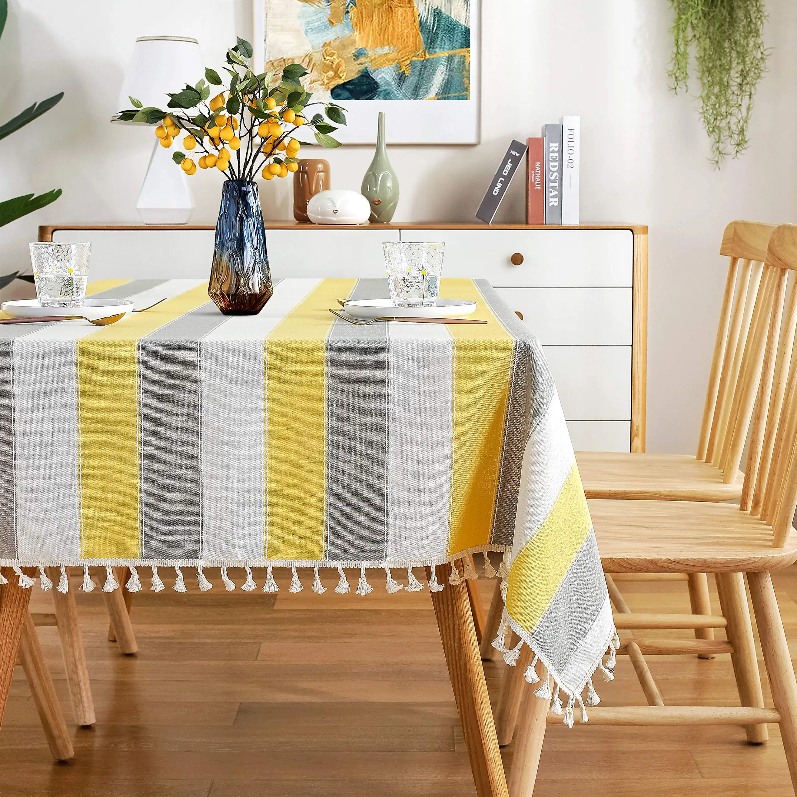 

Striped Tassel Tablecloth, Rectangle Table Cloth, Cotton Linen Fabric, Table Cover for Kitchen, Dinning Tabletop