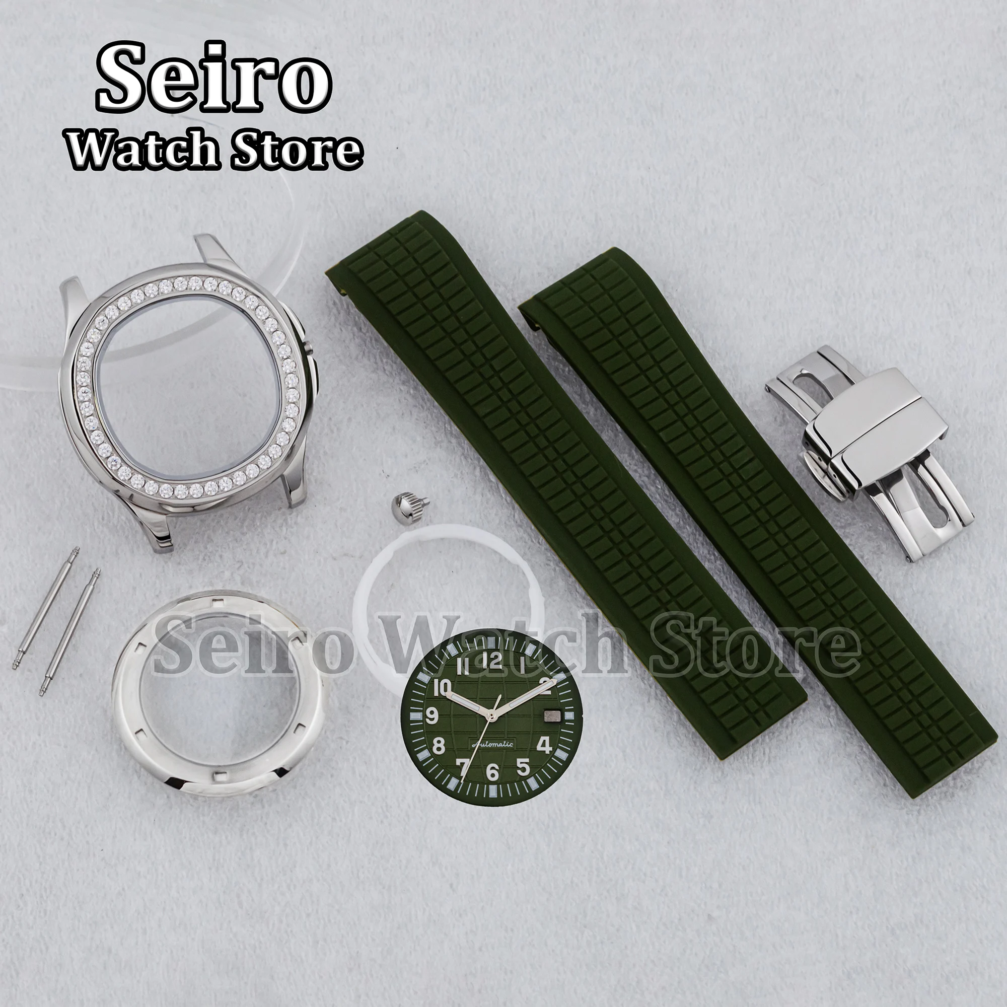 

42MM Diamond NH35 Case Rubber Strap Dark Green Red Bracelet 32MM Luminous Dial Watch Hands for AQUANAUT Nautilus NH36 Movement