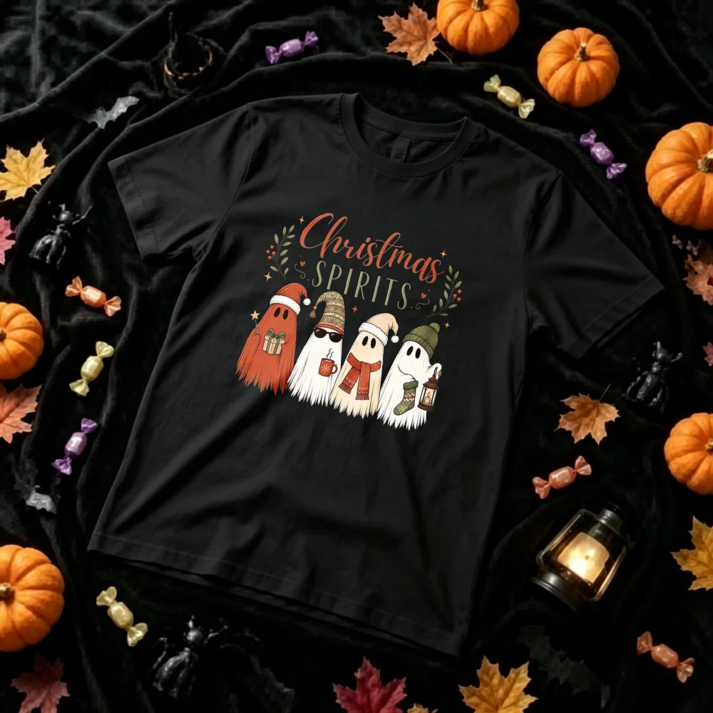 Christmas Spirits Ghost Graphic T‑Shirt Cute Xmas Ghosts with Santa Hats Scarf Gift Mug Socks Lantern Winter Holiday Casual Tops