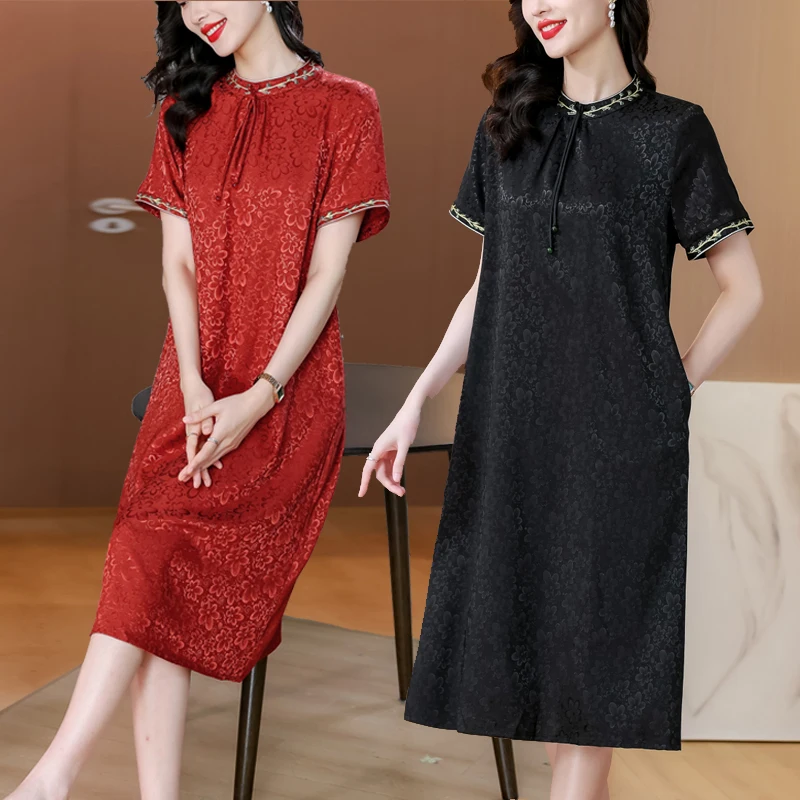 

2024 Summer New Chinese Style Silk Embroidered Short sleeved Dress for Women's Middle aged Mom's Loose Large Qipao Skirt