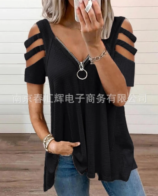 

Sexy V-Neck Zippered Short Sleeved Solid Color T-Shirt Fashion Summer Women's 2024 New Elegant Casual Top