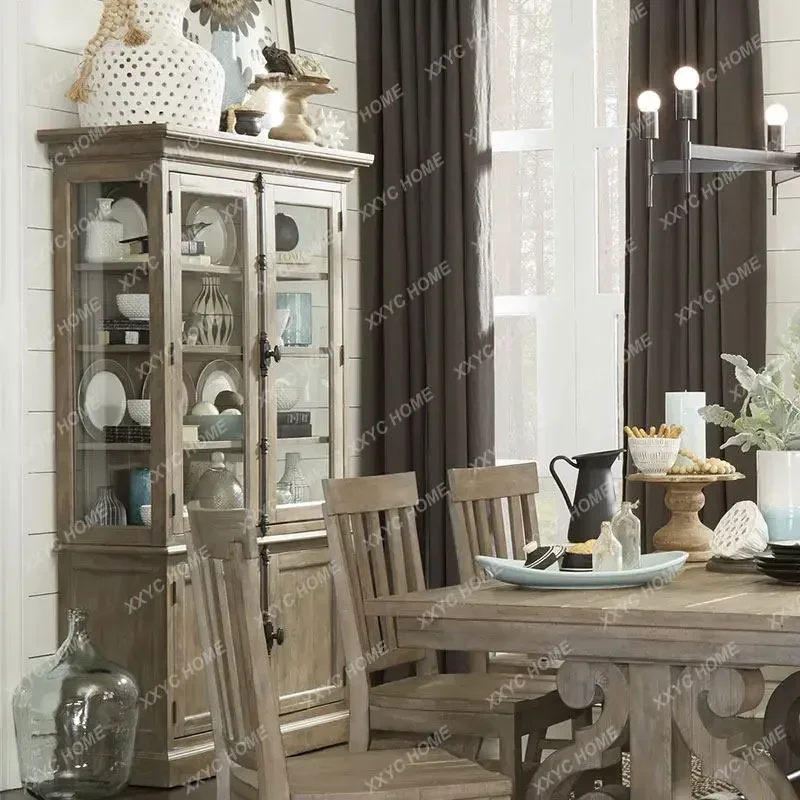 Retro Solid Wood Sideboard Wine Cabinet Integrated Wall-Mounted Kitchen Dining Room Bowl Cabinet