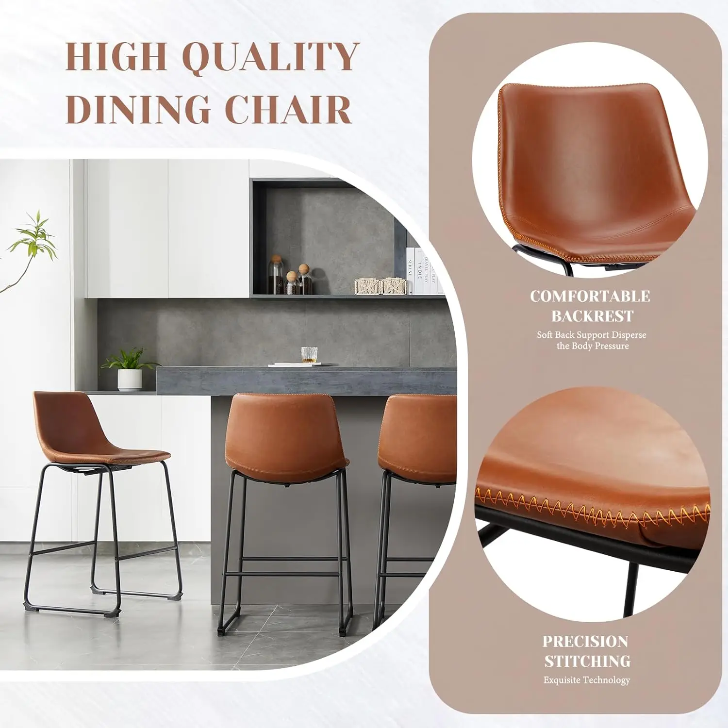 Counter Height Bar Stools Set of 2, 26 inch Leather Barstools Modern Bar Stools with Back