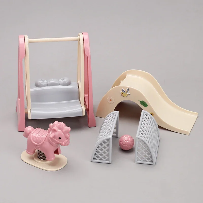 인형 집 시뮬레이션 놀이 공원 슬라이드 나무 말 스윙 소형 어린이 놀이터 장난감 액세서리 세트