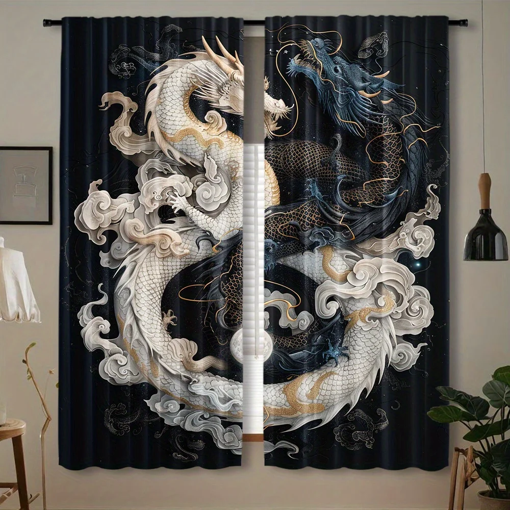 Yin Yang Black White Dragon Curtains 2 Panels, Golden Line Cloud Oriental Twin Dragons Deep Black Base Drapes for Traditional