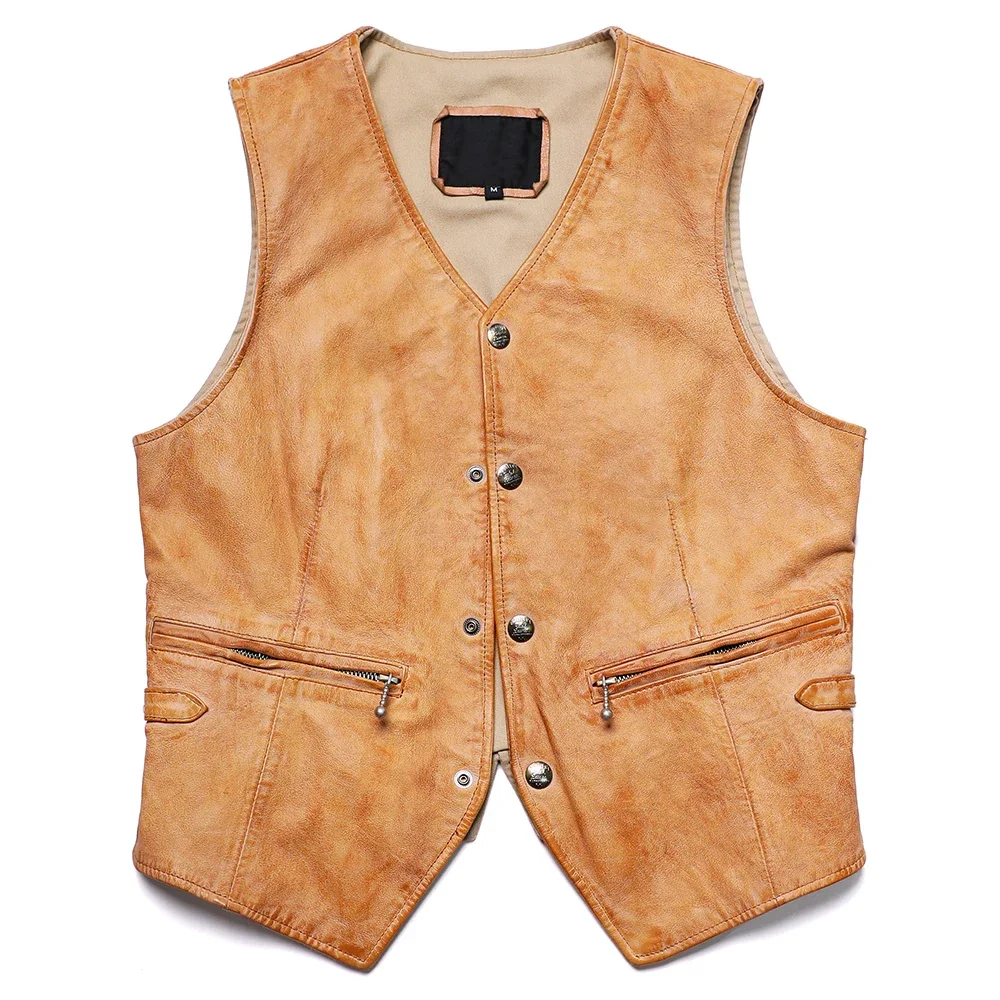 Retro Vintage Yellow Sheepskin Leather Vest Men's Goat Leather Sleeveless Jacket V-neck Amikaki Slim Short Waistcoat Man