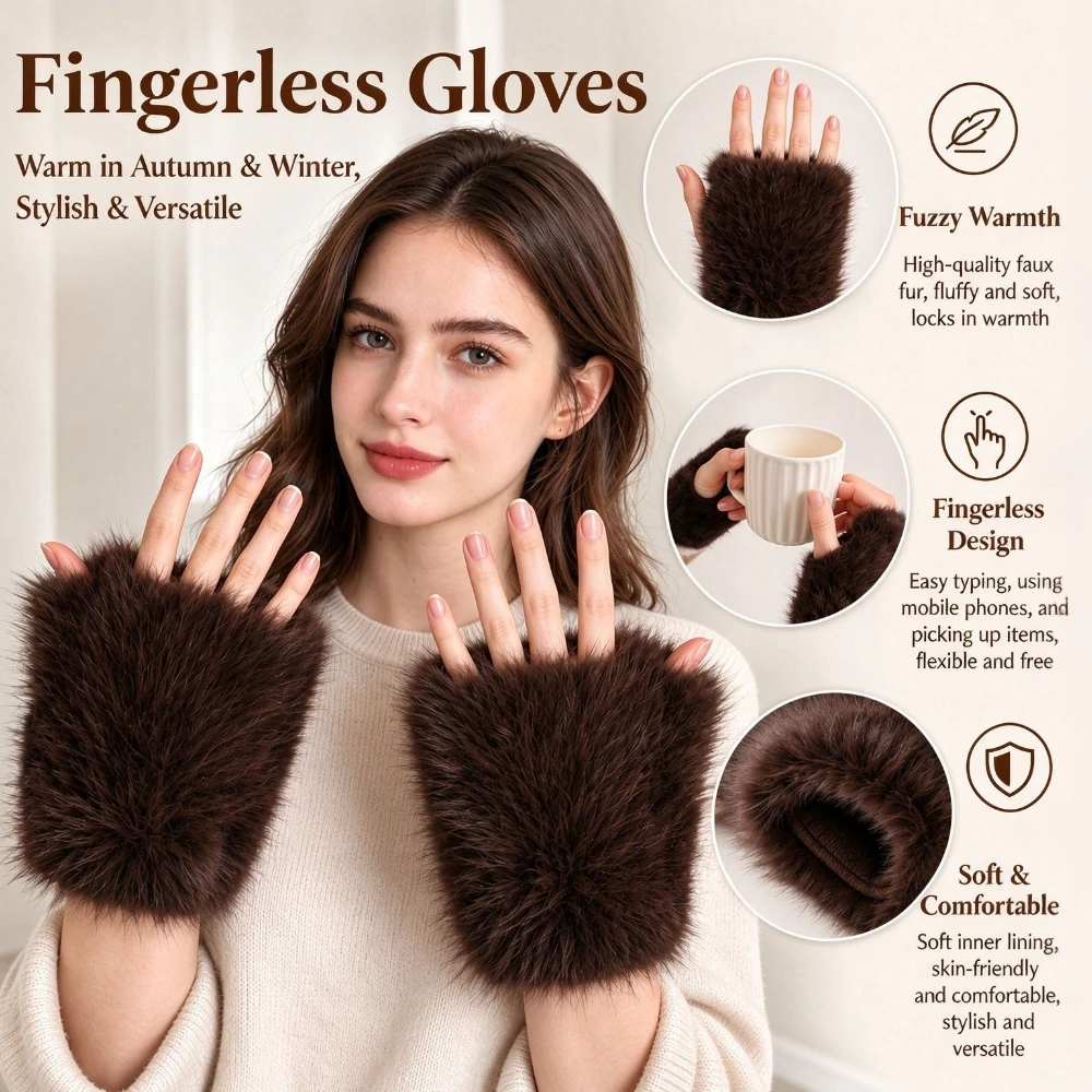 Womens Faux Fox Fur Fingerless Gloves Winter Warm Plush Wrist Cuff Gloves Fashion Versatile Half Finger Exposed Fingertip Gloves