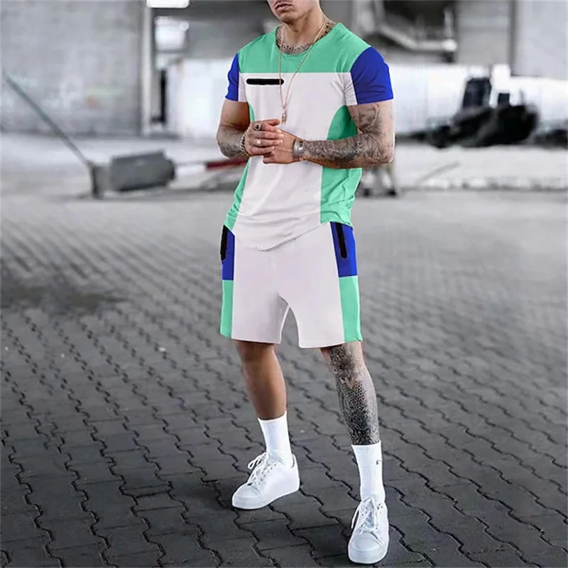 2024 New Summer Suit Men\'s Oversized T-Shirt Shorts 2 Piece Splicing Printed Sportswear Fashion Fitness Suit Men\'s Clothing