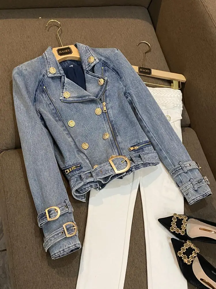 

Slim Fit Double Zipper Waed Denim Motorcycle Jaet Coat Lion Button Commute Sle Long Sve Regular Length Pure Color