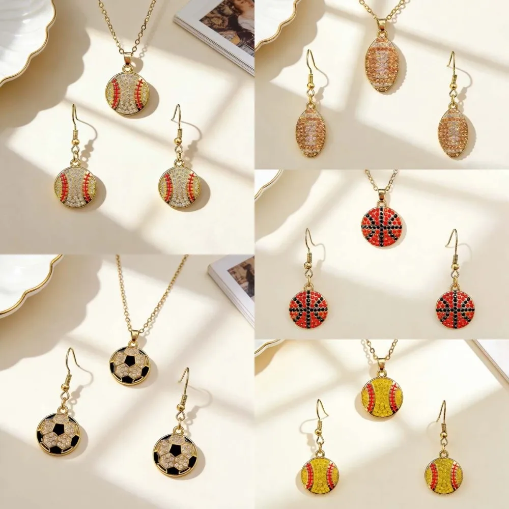Alloy Pendant Sporty Alloy Necklace Earrings Rhinestone Football Ball Ear Jewelry Set Embellishments Basketball Baseball