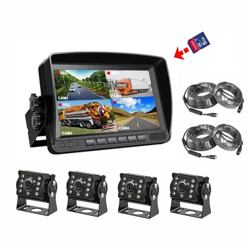 9-36v 1080p cctv set Heavy duty wide angle car dvr 4 camera dash cam dvr 7 inch quad m onitor bus truck camera system