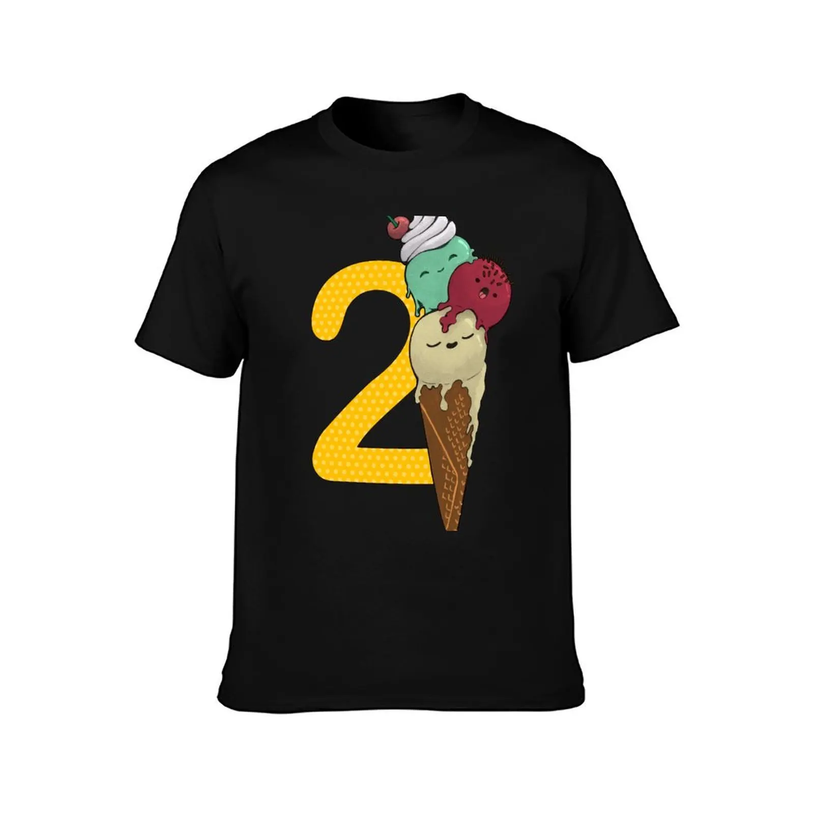 Yellow with dots and ice cream with vanilla, pistachio and strawberry birthday 2 years T-Shirt, Summer Casual Cotton Tee
